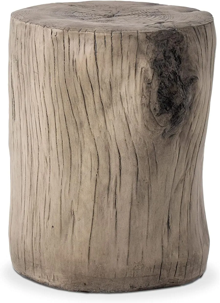 COSIEST Outdoor Antique Gray End Table Faux Wood, Hand-Painted Wood Stump Stool, Ottoman or Plant Stand, Deck or Garden