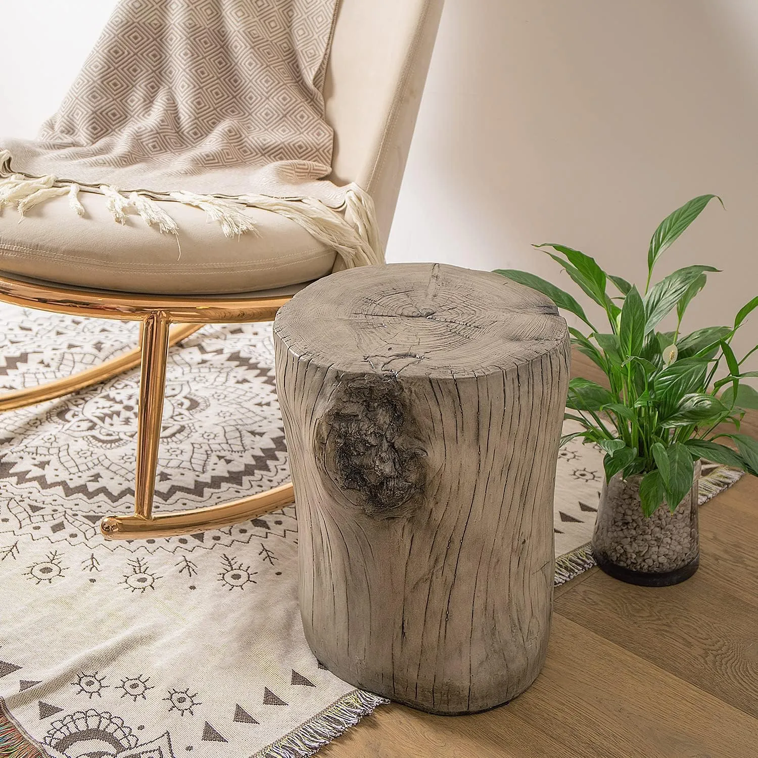 COSIEST Outdoor Antique Gray End Table Faux Wood, Hand-Painted Wood Stump Stool, Ottoman or Plant Stand, Deck or Garden