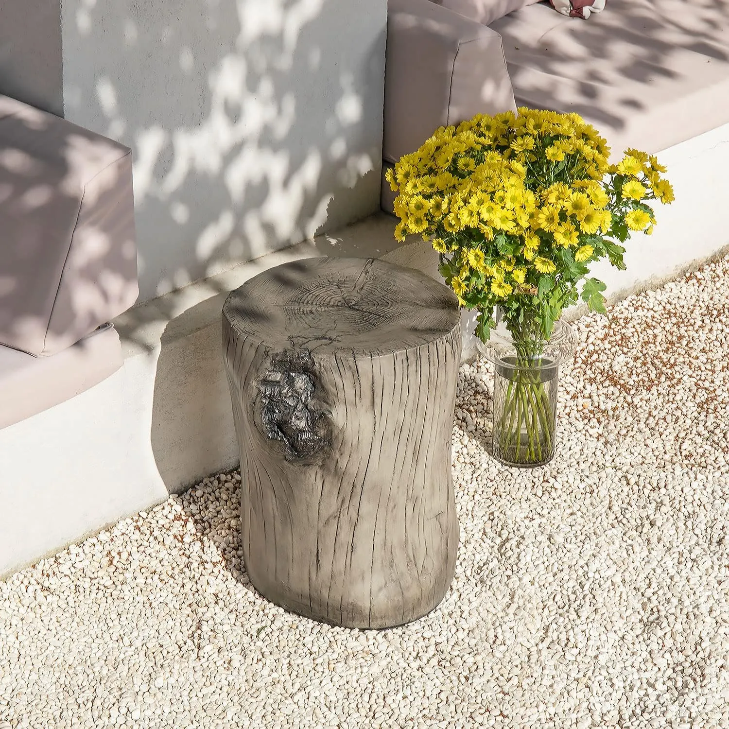 COSIEST Outdoor Antique Gray End Table Faux Wood, Hand-Painted Wood Stump Stool, Ottoman or Plant Stand, Deck or Garden