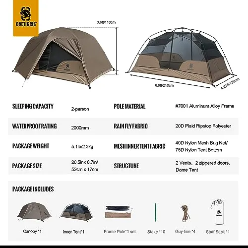 COSMITTO 2 Person Backpacking Tent Shelter,Free Standing Lightweight Waterproof 3 Season Camping Tent