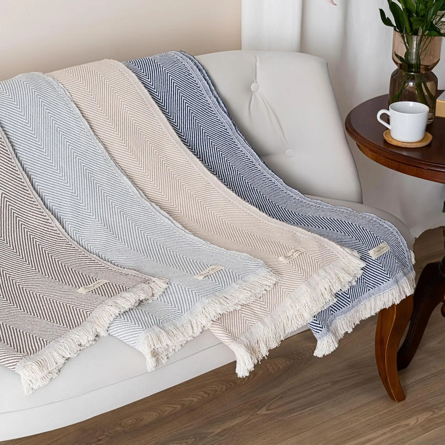 Cotton Chevron Bed Blanket Farmhouse Throw Blanket Lightweight Boho Decorative Blankets for Bed, Sofa, Chair, Couch, Twin Size, Ivory Whisper, 57x79