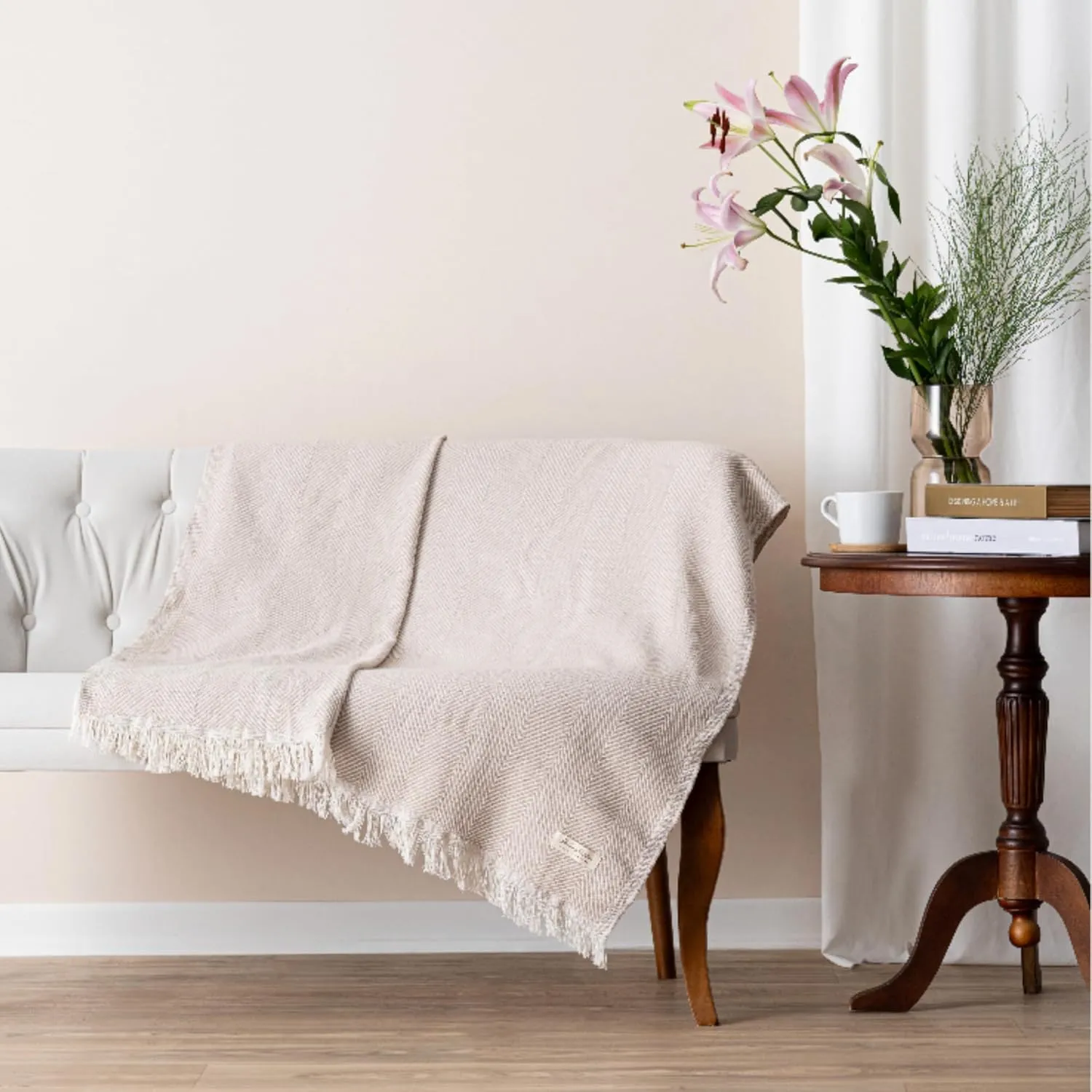 Cotton Chevron Bed Blanket Farmhouse Throw Blanket Lightweight Boho Decorative Blankets for Bed, Sofa, Chair, Couch, Twin Size, Ivory Whisper, 57x79