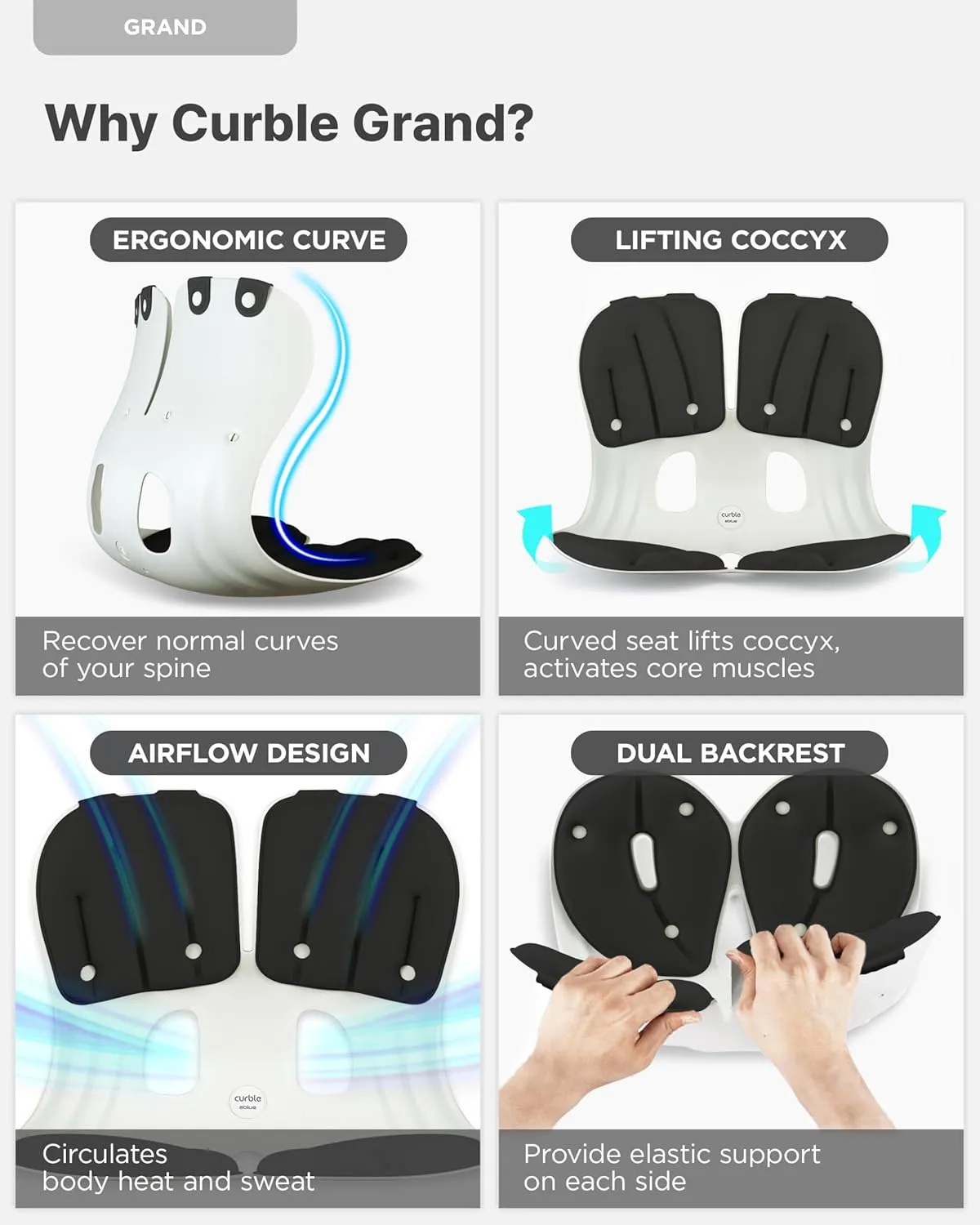 curble GRAND (Extra Wide&Sturdy) 2PACK – Ergonomic Chair Back Support, Lumbar Support for Good Posture Correction and Back Pain Relief, Perfect for Office Chair and Work from Home, Patented(2P Black)