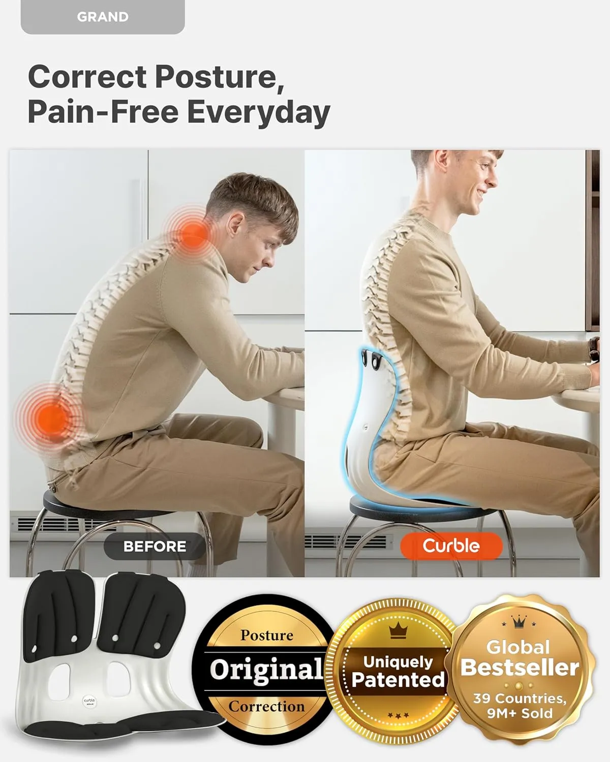curble GRAND (Extra Wide&Sturdy) 2PACK – Ergonomic Chair Back Support, Lumbar Support for Good Posture Correction and Back Pain Relief, Perfect for Office Chair and Work from Home, Patented(2P Black)