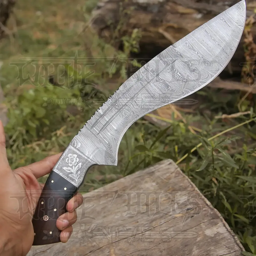 Custom Handmade Forged Damascus Steel Survival Hunting Bushcraft Kukri Knife EDC 12” With Cocobolo Wood Bull Horn & Engraved Bolster Handle WH 3895