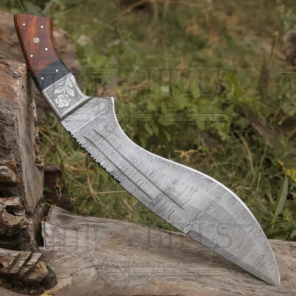 Custom Handmade Forged Damascus Steel Survival Hunting Bushcraft Kukri Knife EDC 12” With Cocobolo Wood Bull Horn & Engraved Bolster Handle WH 3895