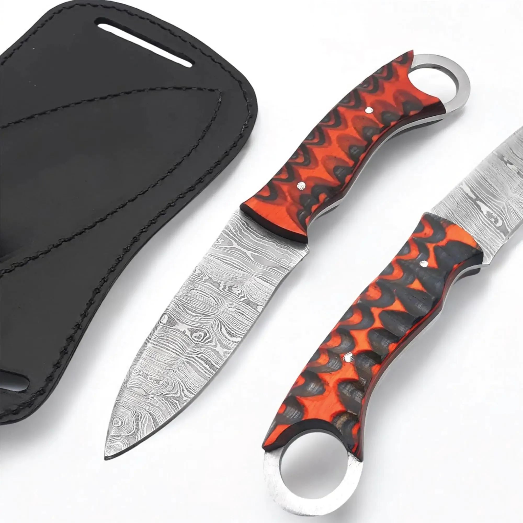Damascus Stee Hunting Knife, Bushcraft Knife With Leather Sheath, Camping, Hunting, Hiking, Survival Knives
