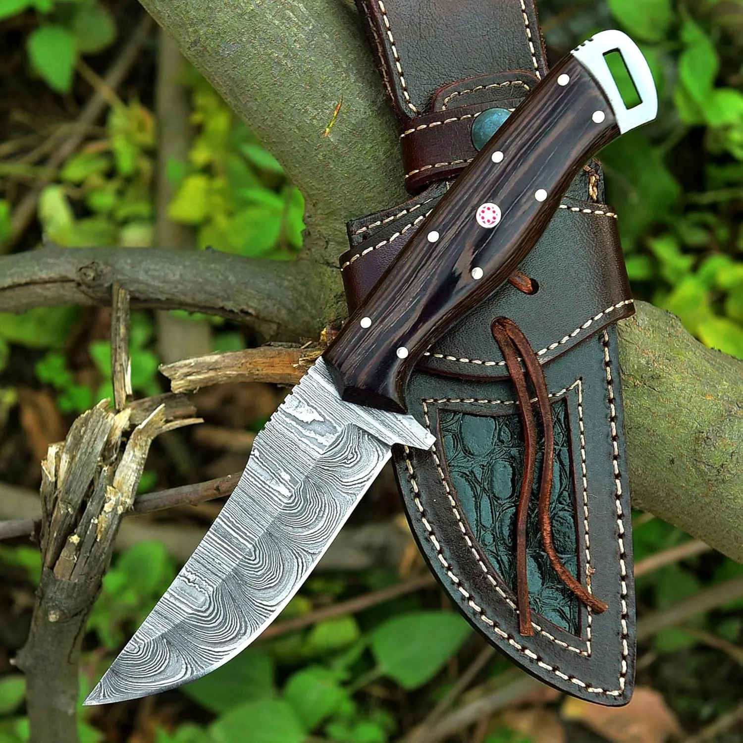 Damascus Steel Hunting Knife with Leather Sheath, Wenge Wood Handle 9.25 inch Handmade Outdoor Camping Fixed Blade Survival Knife Y-250