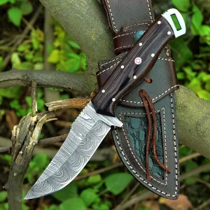Damascus Steel Hunting Knife with Leather Sheath, Wenge Wood Handle 9.25 inch Handmade Outdoor Camping Fixed Blade Survival Knife Y-250
