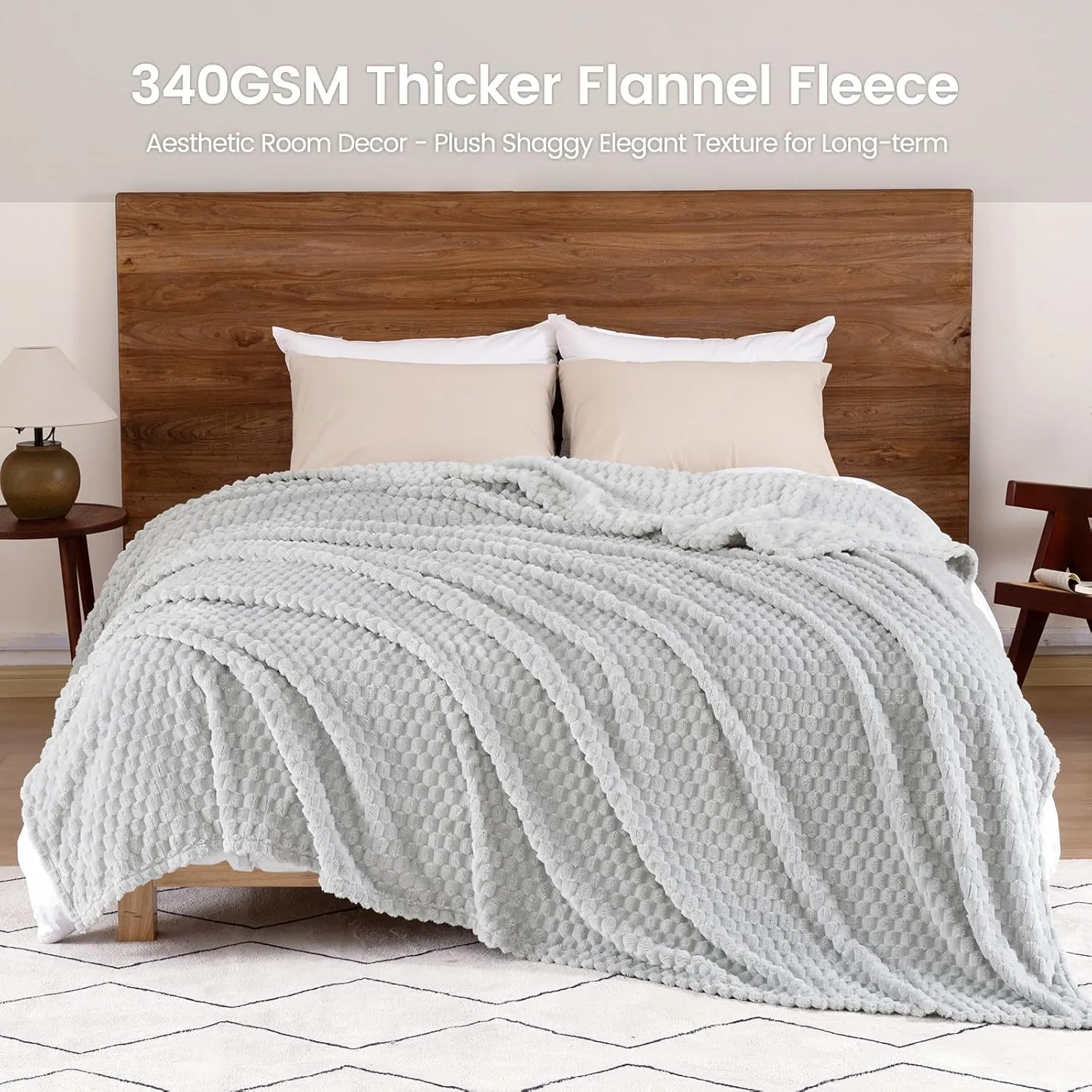 David's Home Ultra Soft Fleece Blanket Queen Size, Warm Lightweight 3D Jacquard Flannel Blanket for Fall Winter, Fluffy Cozy Luxury Plush Suitable for Bed Room Decor,90"x90", Light Grey
