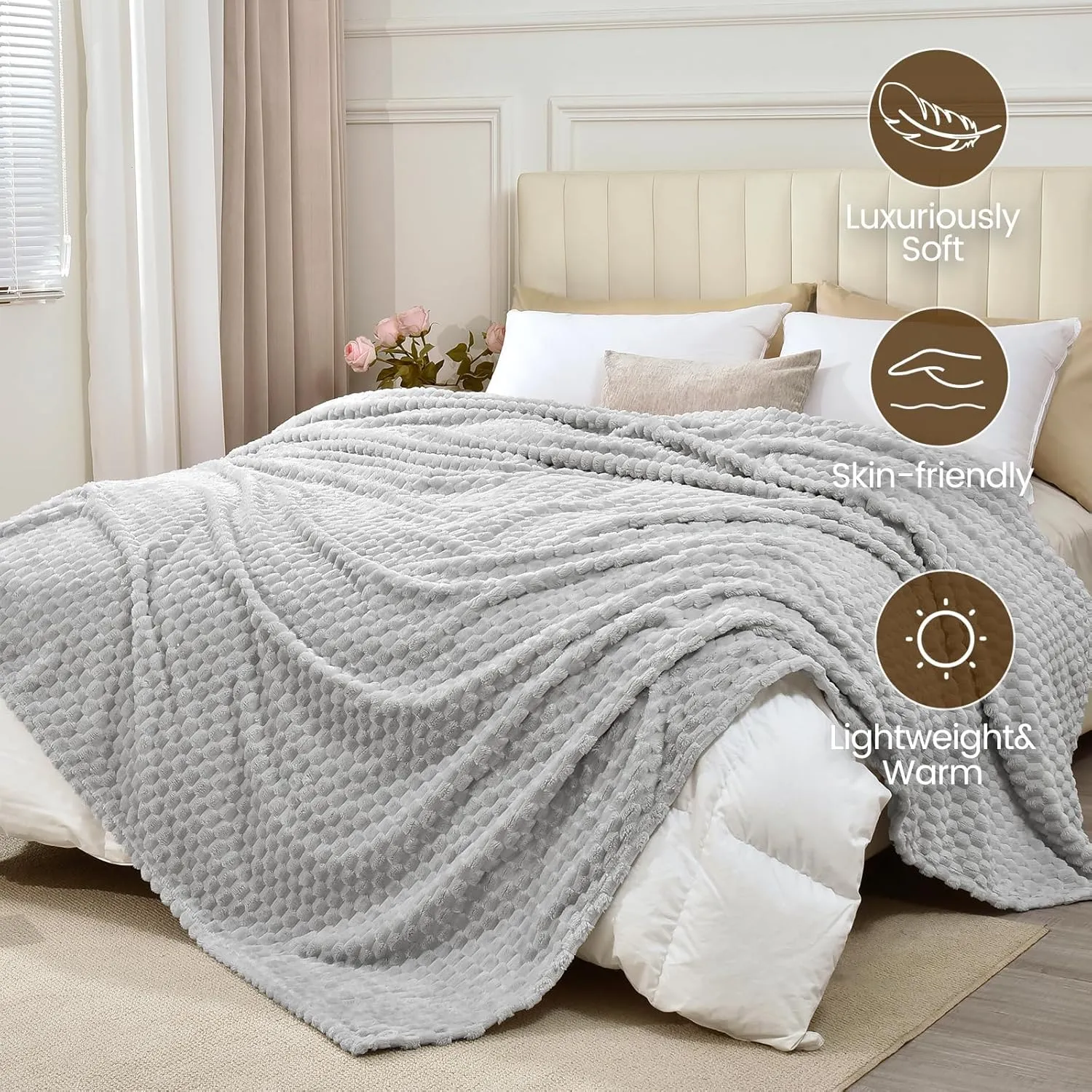 David's Home Ultra Soft Fleece Blanket Queen Size, Warm Lightweight 3D Jacquard Flannel Blanket for Fall Winter, Fluffy Cozy Luxury Plush Suitable for Bed Room Decor,90"x90", Light Grey