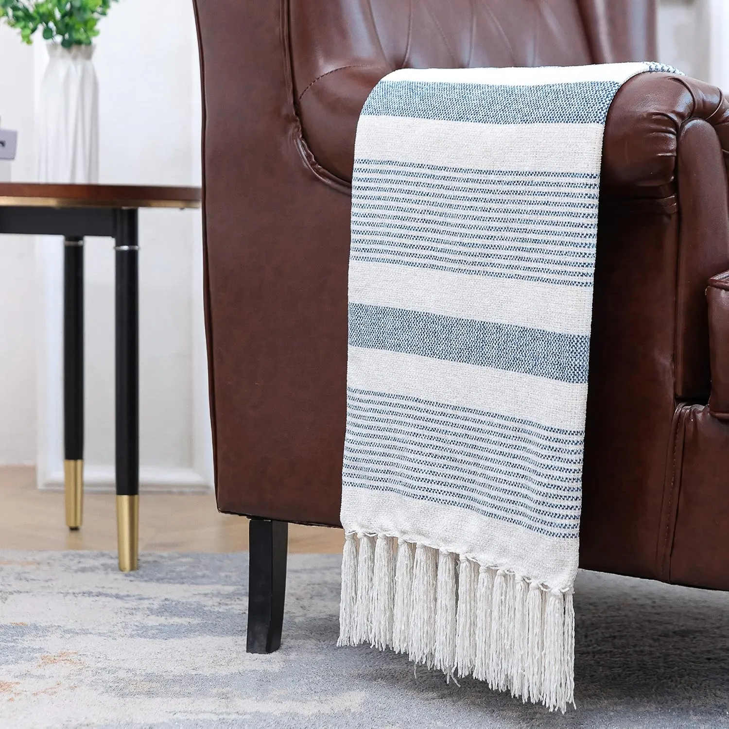 Decorative Blue White Striped Throw with Fringe, Soft Chenille Knitted Farmhouse Lightweight Blanket with Tassels for Couch Sofa Chair Bed Office Home Décor, Blue and Ivory, 50" x 60"