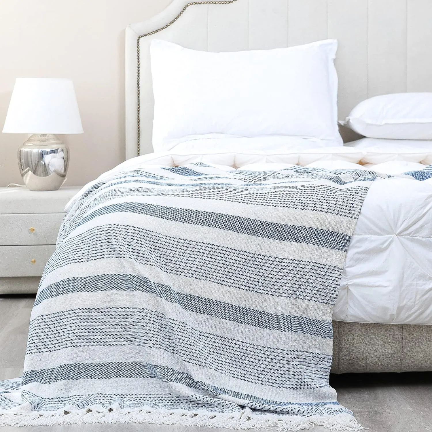 Decorative Blue White Striped Throw with Fringe, Soft Chenille Knitted Farmhouse Lightweight Blanket with Tassels for Couch Sofa Chair Bed Office Home Décor, Blue and Ivory, 50" x 60"
