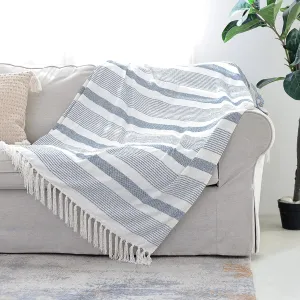 Decorative Blue White Striped Throw with Fringe, Soft Chenille Knitted Farmhouse Lightweight Blanket with Tassels for Couch Sofa Chair Bed Office Home Décor, Blue and Ivory, 50" x 60"