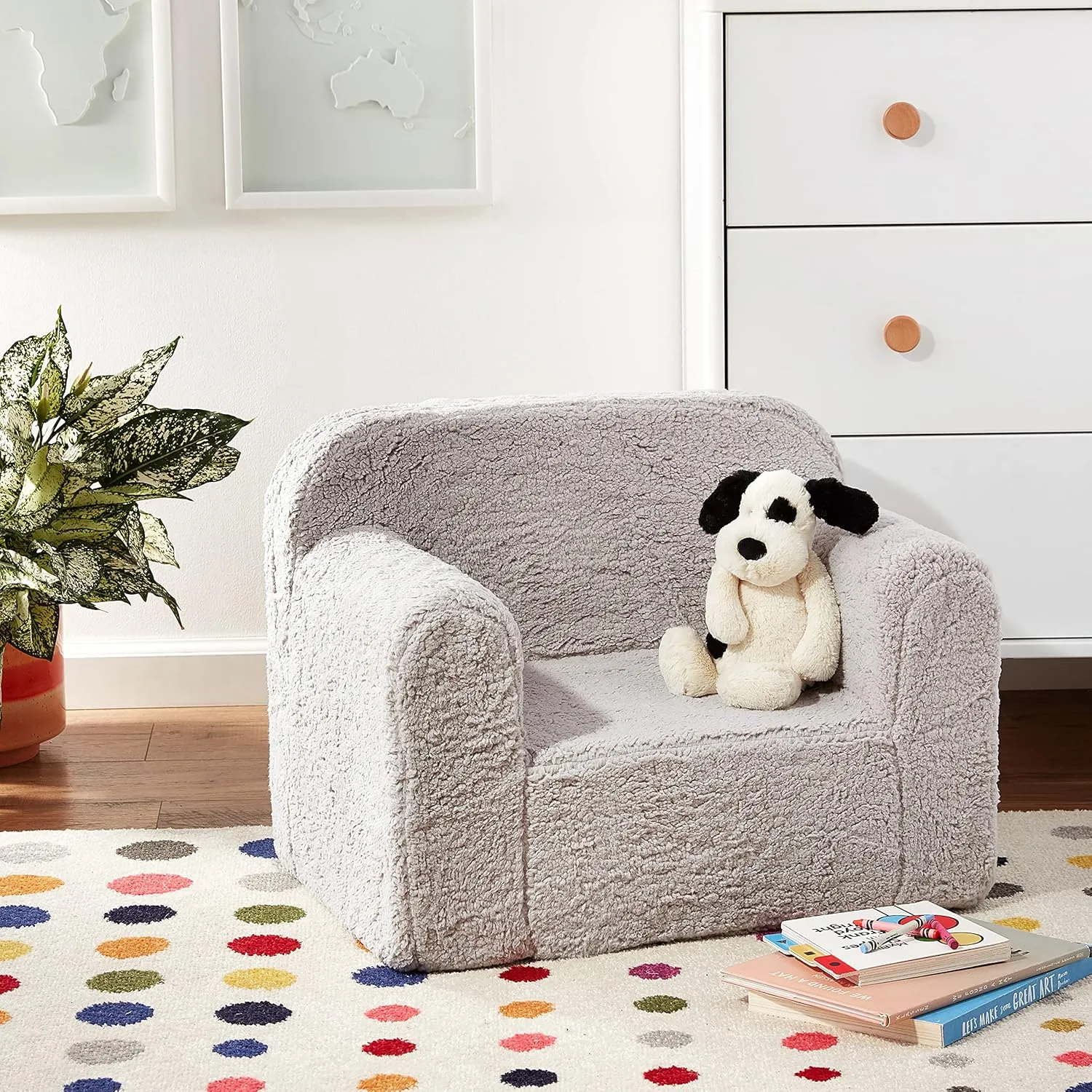 Delta Children Cozee Sherpa Chair, Reading, Arm Rest|Cushion Availability, Grey