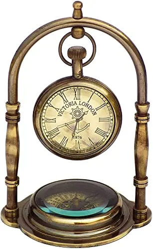 Desk Clock Table Clock with Maritime Vintage Brass Compass Antique Victoria London Nautical Brass Antique Table Clock - Analog, 4 Inch