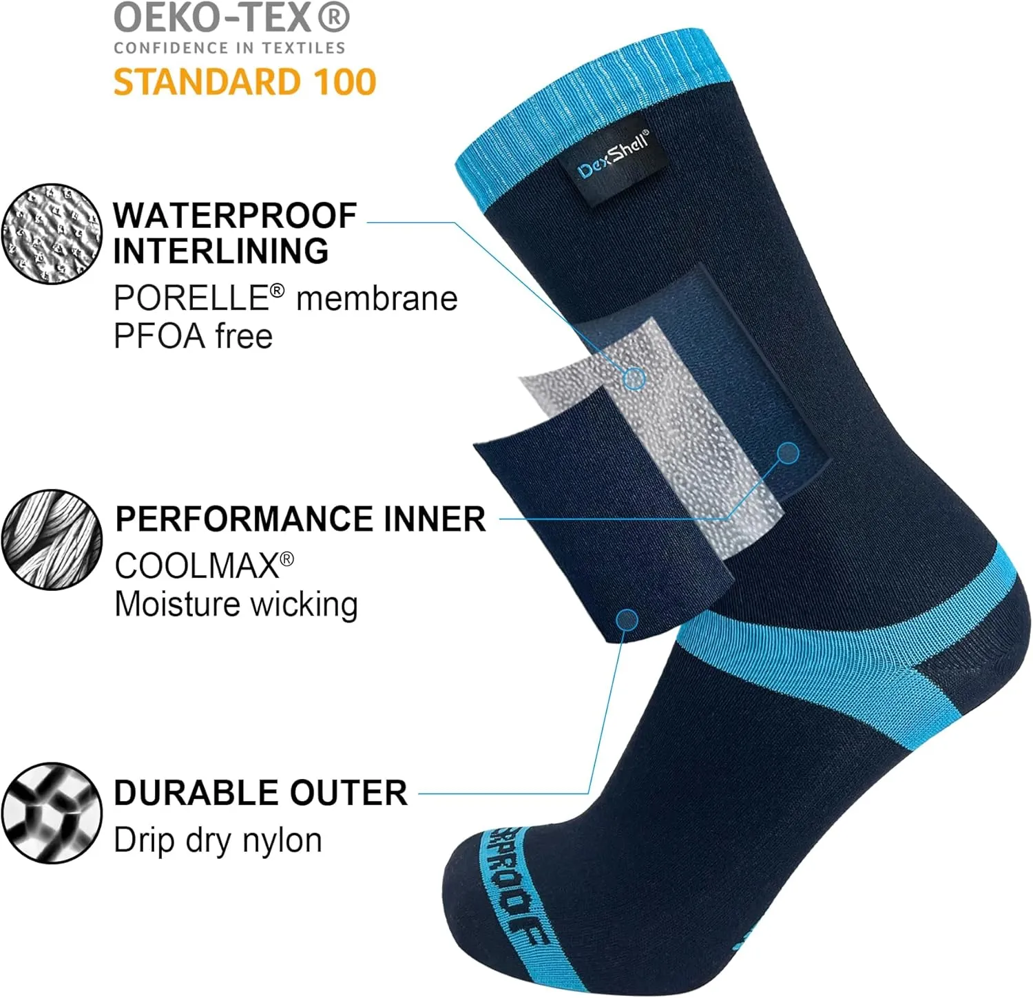 DexShell Waterproof Socks for Men & Women - Mid Calf Boot Sock, Warm for Hiking Camping in Extreme Cold Wet Weather