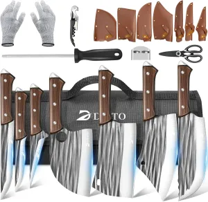 Dfito Butcher Knife Set with Roll Bag, 14 in 1 Professional Chef Knife Set, Hand Forged Chopping & Meat Cleaver & Viking Knives, High Carbon Stainless Steel Kitchen Knife Set for Kitchen Camping BBQ