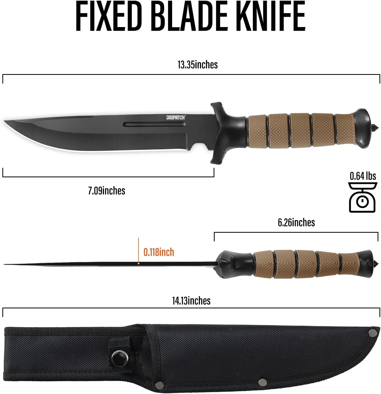 Dispatch Fixed Blade Survival Knife with Sheath and Glass Breaker, 14” Bushcraft Knives with Durable ABS and Non-Slip Rubberized TPR Handle for Camping, Hiking, Hunting, Outdoor Activities