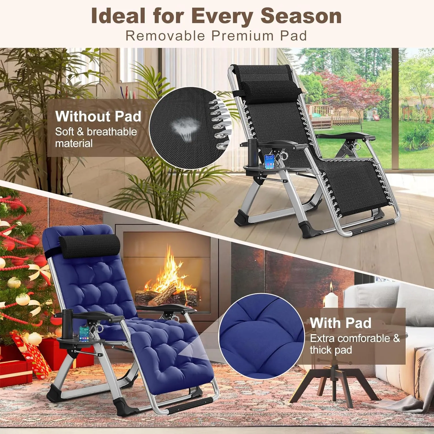 DoCred Comfy Chair, Folding Chair Recliner Chair for Bedroom and Living Room, Folding Reclining Patio Chairs Lounge Chair with Removable Cushion for Indoor Outdoor