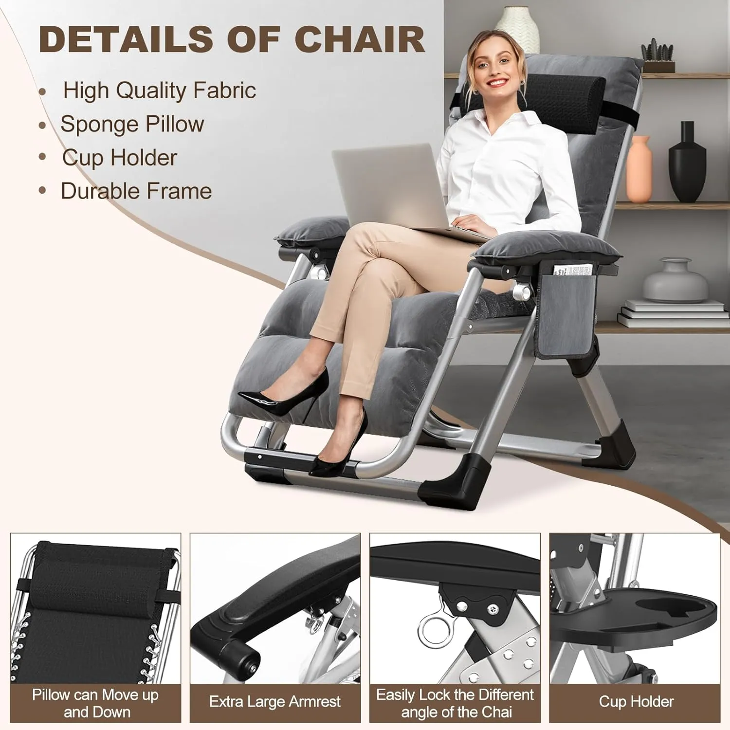 DoCred Comfy Chair, Folding Chair Recliner Chair for Bedroom and Living Room, Folding Reclining Patio Chairs Lounge Chair with Removable Cushion for Indoor Outdoor