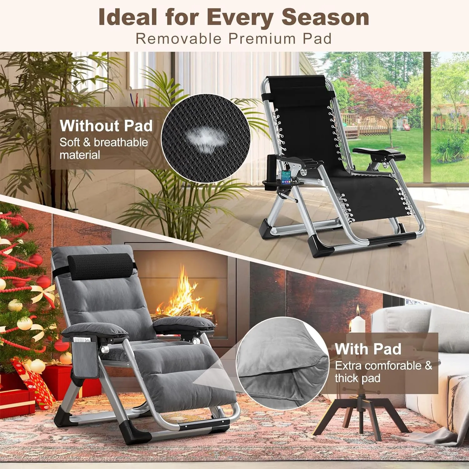 DoCred Comfy Chair, Folding Chair Recliner Chair for Bedroom and Living Room, Folding Reclining Patio Chairs Lounge Chair with Removable Cushion for Indoor Outdoor
