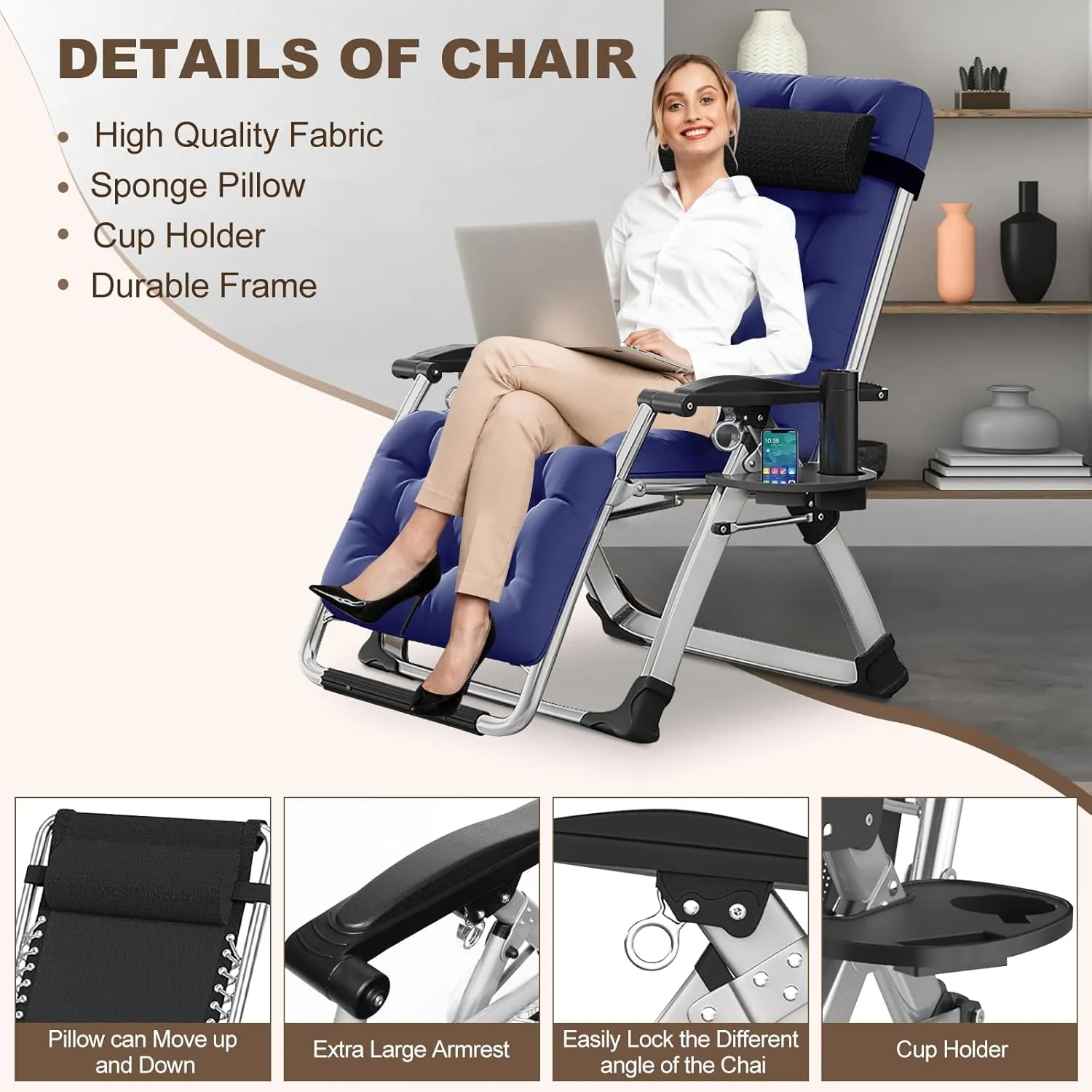 DoCred Comfy Chair, Folding Chair Recliner Chair for Bedroom and Living Room, Folding Reclining Patio Chairs Lounge Chair with Removable Cushion for Indoor Outdoor