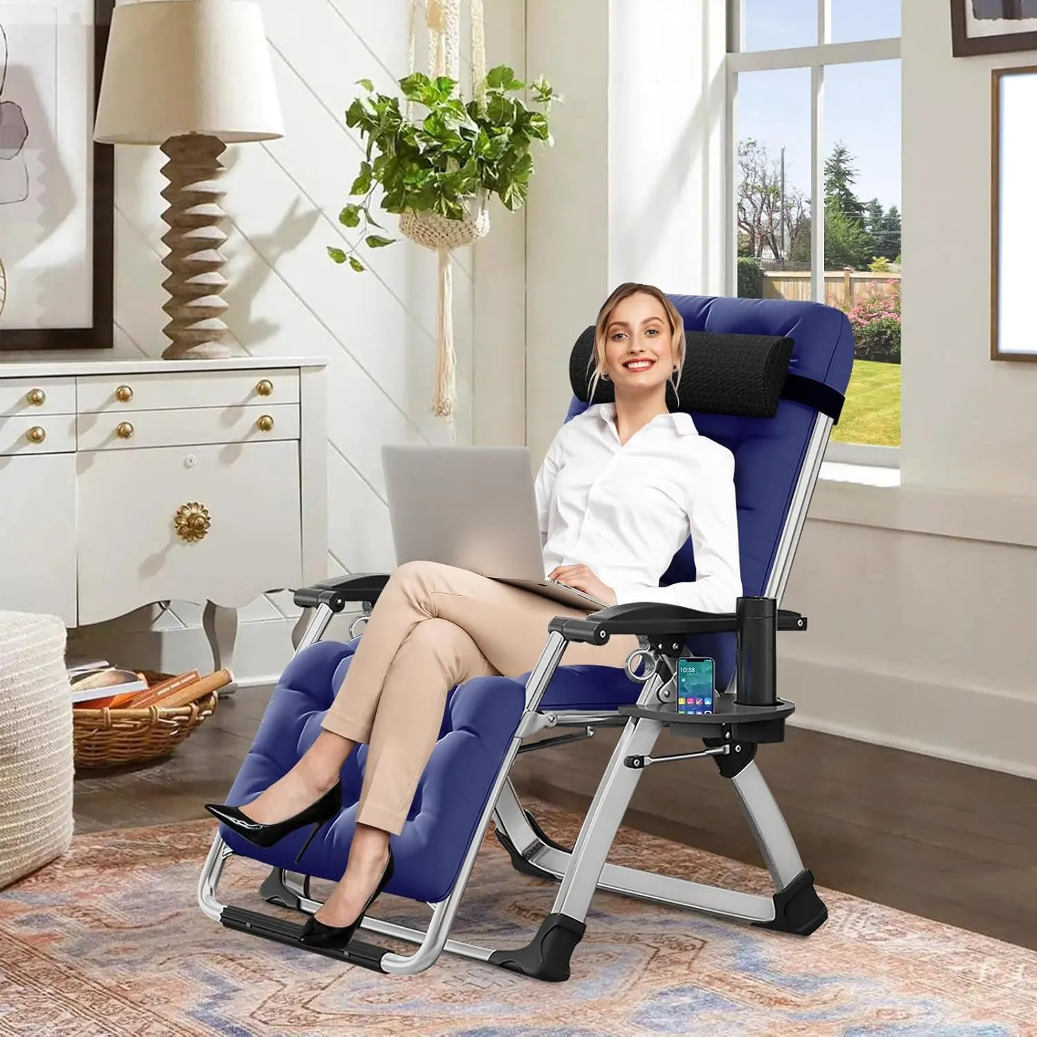 DoCred Comfy Chair, Folding Chair Recliner Chair for Bedroom and Living Room, Folding Reclining Patio Chairs Lounge Chair with Removable Cushion for Indoor Outdoor