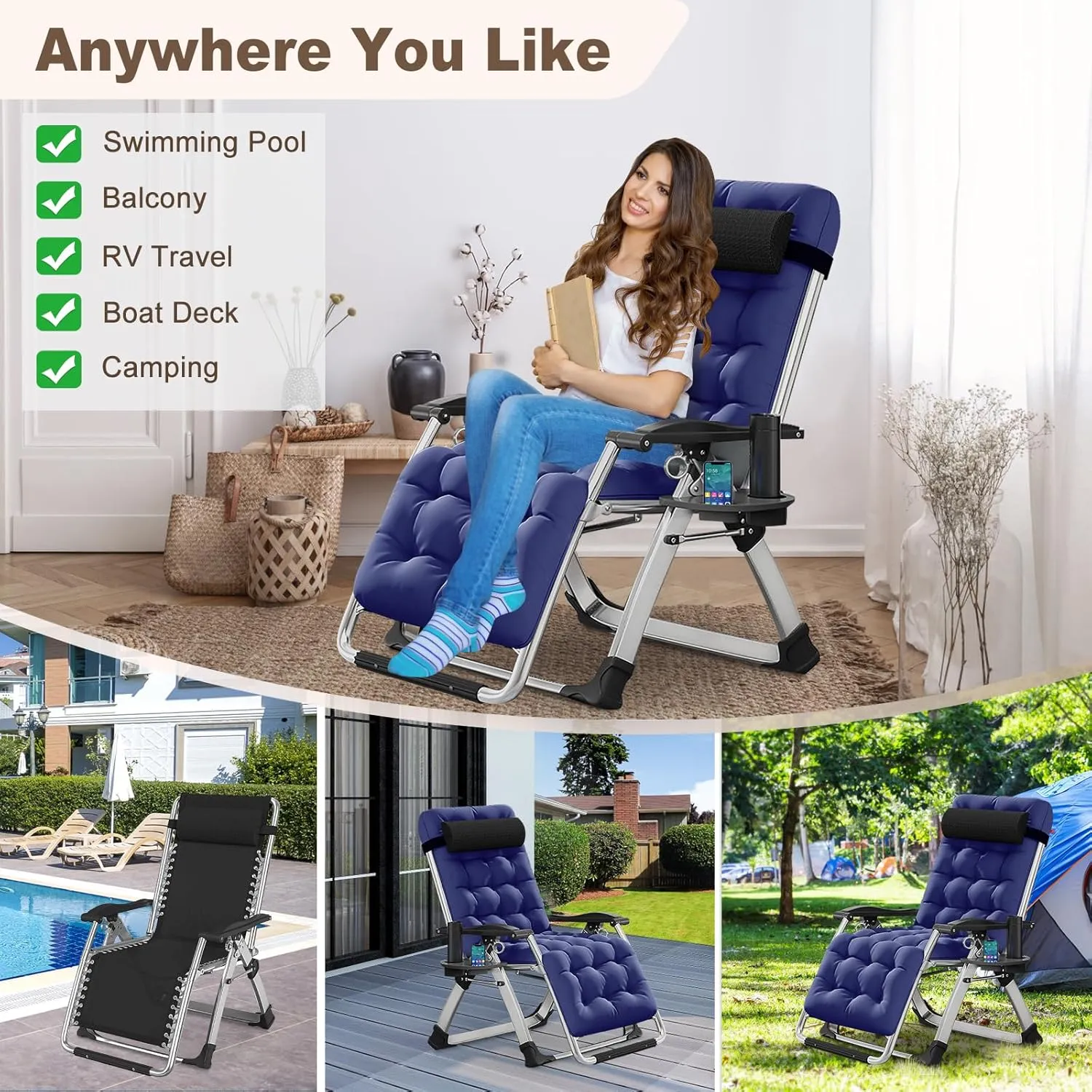 DoCred Comfy Chair, Folding Chair Recliner Chair for Bedroom and Living Room, Folding Reclining Patio Chairs Lounge Chair with Removable Cushion for Indoor Outdoor