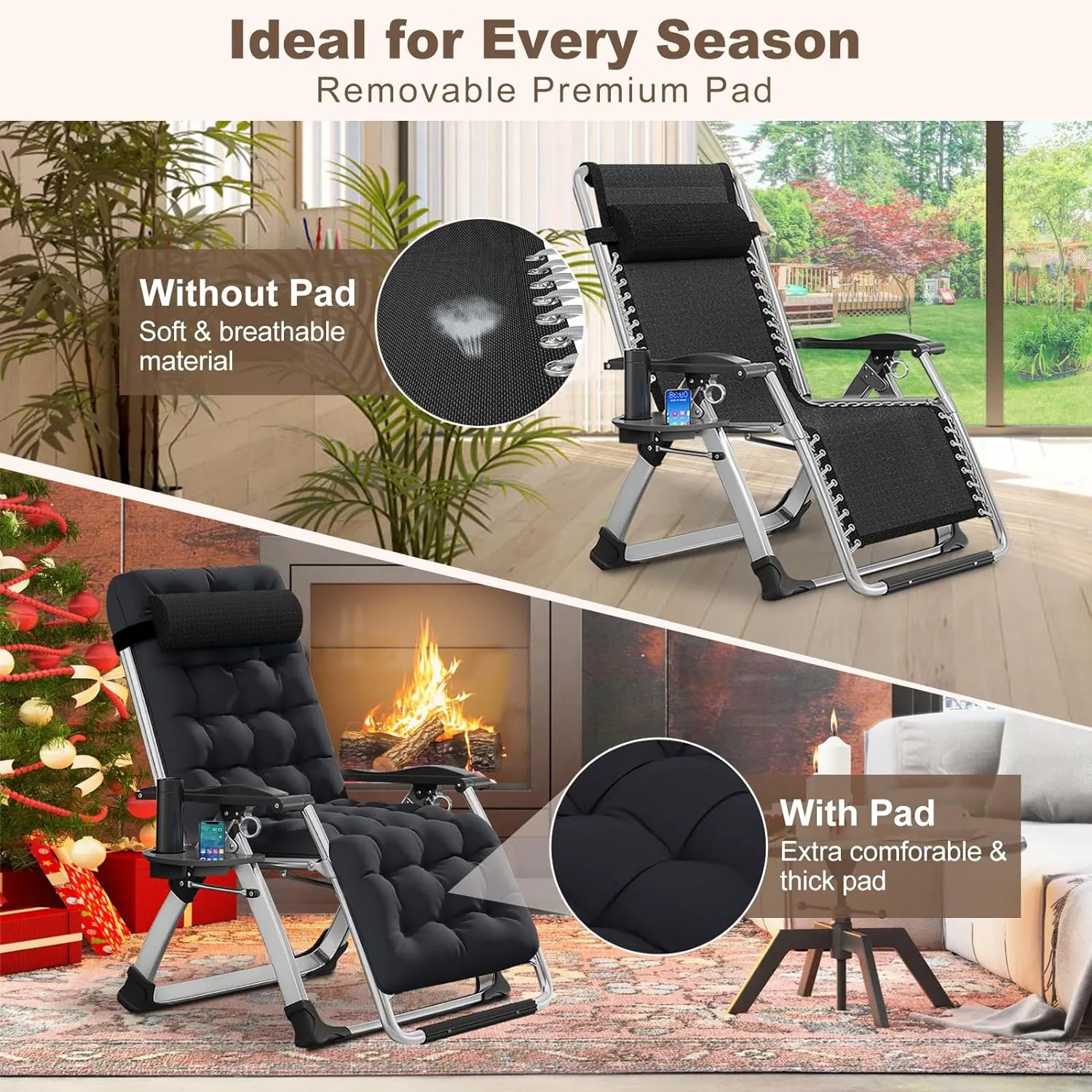 DoCred Comfy Folding Recliner Chair - Bedroom & Living Room, Patio Lounge Chair with Removable Cushion for Indoor Outdoor