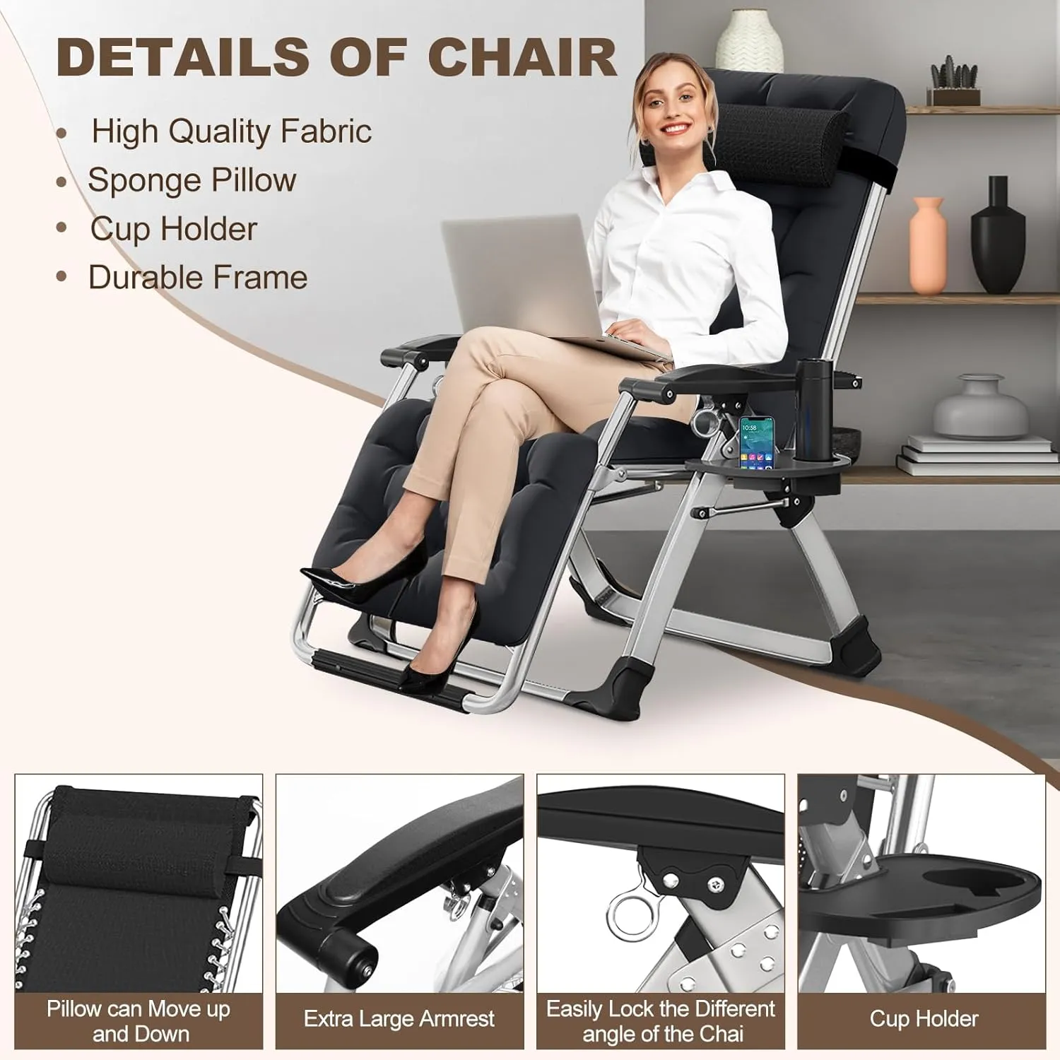 DoCred Comfy Folding Recliner Chair - Bedroom & Living Room, Patio Lounge Chair with Removable Cushion for Indoor Outdoor