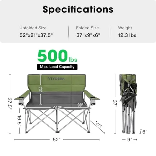Double Camping Chair,Fully Padded Folding Loveseat,Portable Oversized Duo Chair