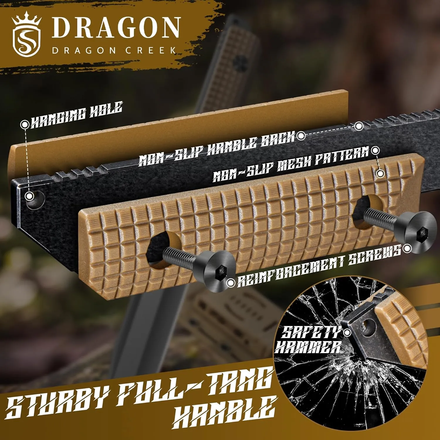 Dragon Creek Tactical Knife Kydex - Outdoor Survival Knife with Sheath D2 Steel Blade G10 Full Tang Handle for Camping Hiking Gift Men Brown