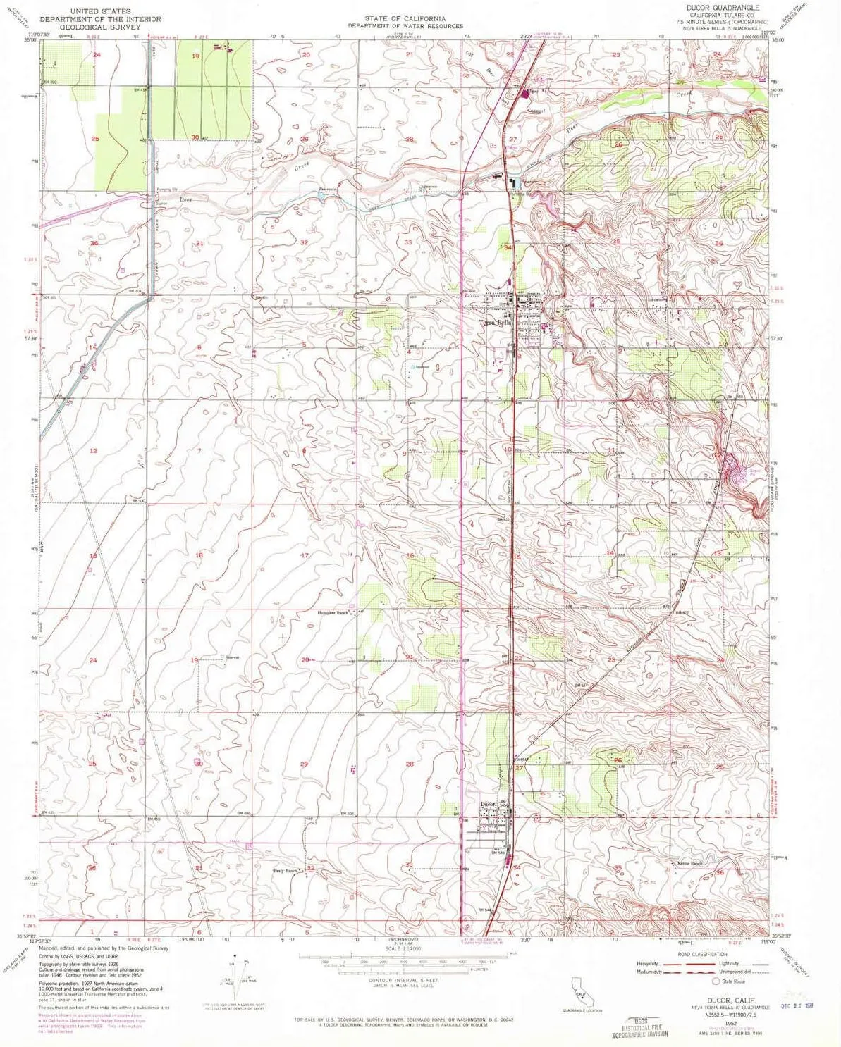 Ducor CA topo map, 1:24000 Scale, 7.5 X 7.5 Minute, Historical, 1952, Updated 1972, 26.8 x 22 in
