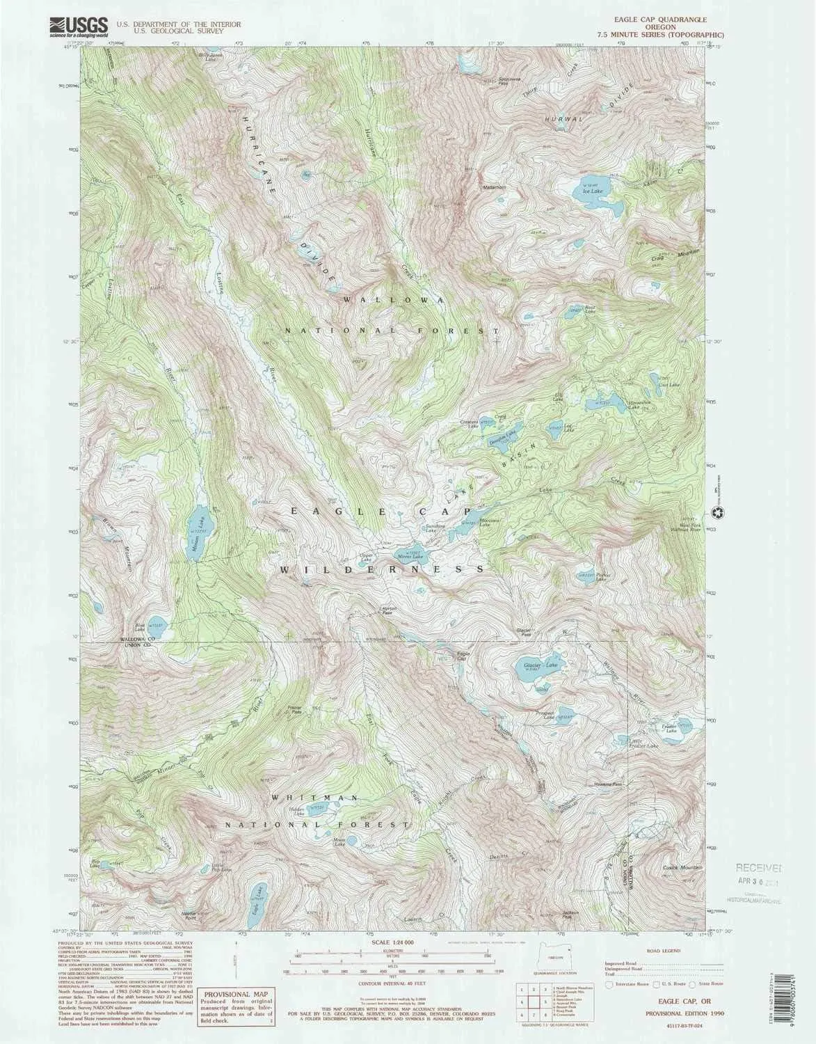 Eagle Cap OR topo map, 1:24000 Scale, 7.5 X 7.5 Minute, Historical, 1990, Updated 1995, 26.92 x 21.04 in