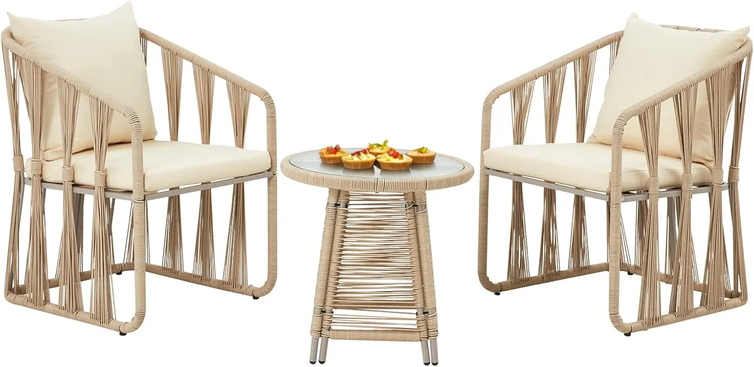 ECOTOUGE 3 Piece Patio Rattan Bistro Set, Outdoor All Weather Wicker Furniture Chairs with Table and Soft Cushions, Modern Conversation Set Ideal for Balcony, Garden and Poolside, Yellow/Beige