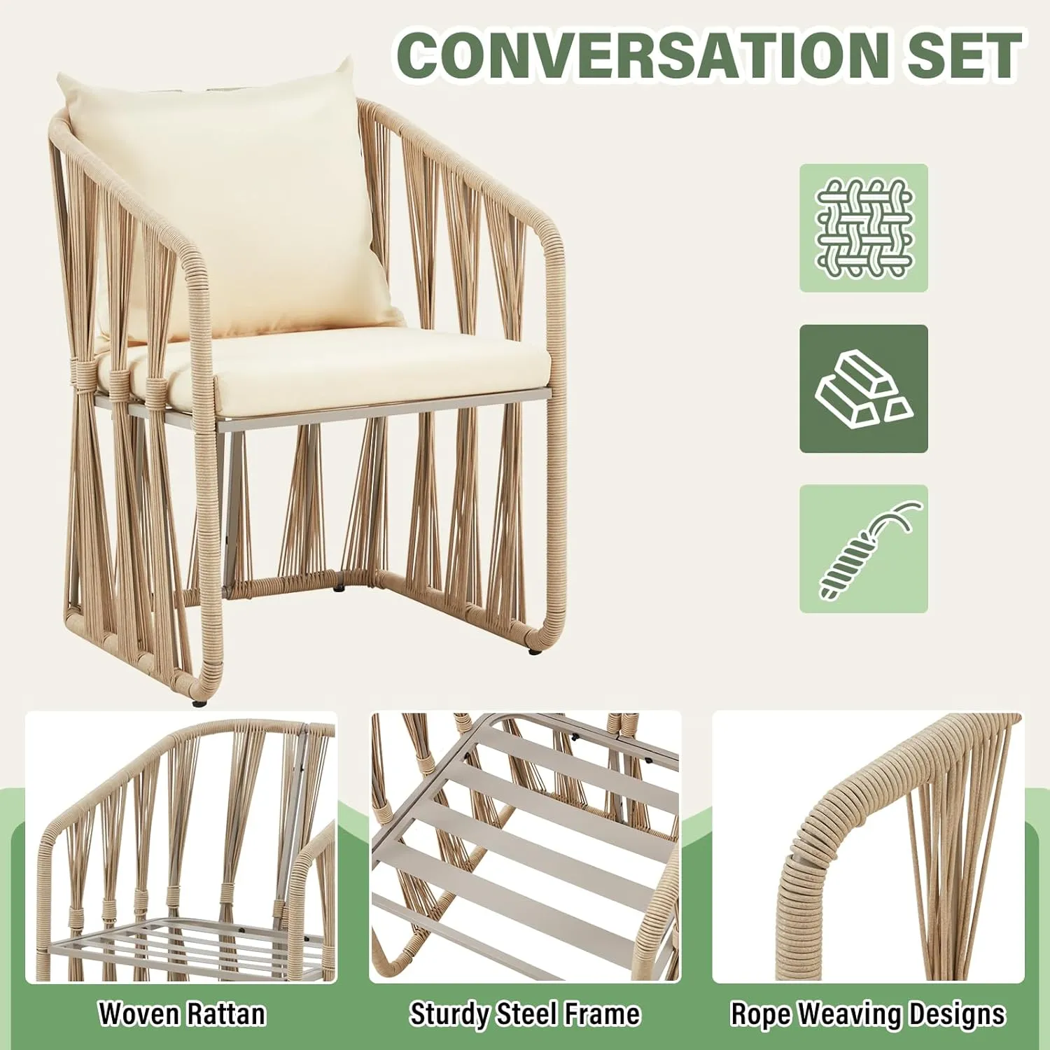 ECOTOUGE 3 Piece Patio Rattan Bistro Set, Outdoor All Weather Wicker Furniture Chairs with Table and Soft Cushions, Modern Conversation Set Ideal for Balcony, Garden and Poolside, Yellow/Beige