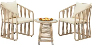 ECOTOUGE 3 Piece Patio Rattan Bistro Set, Outdoor All Weather Wicker Furniture Chairs with Table and Soft Cushions, Modern Conversation Set Ideal for Balcony, Garden and Poolside, Yellow/Beige