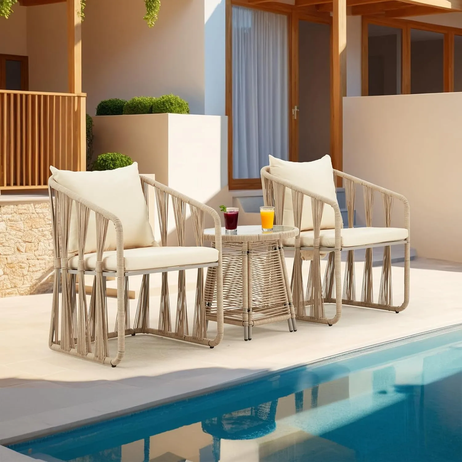ECOTOUGE 3 Piece Patio Rattan Bistro Set, Outdoor All Weather Wicker Furniture Chairs with Table and Soft Cushions, Modern Conversation Set Ideal for Balcony, Garden and Poolside, Yellow/Beige