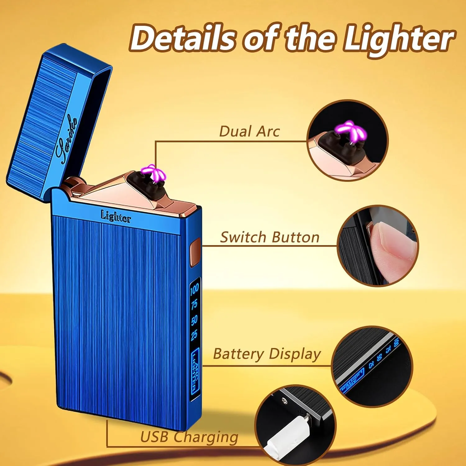 Electric Lighter - USB Rechargeable, Windproof, Plasma Arc, Luxury Fashion Cool Lighter with LED Indicator and Flashlight (Blue)