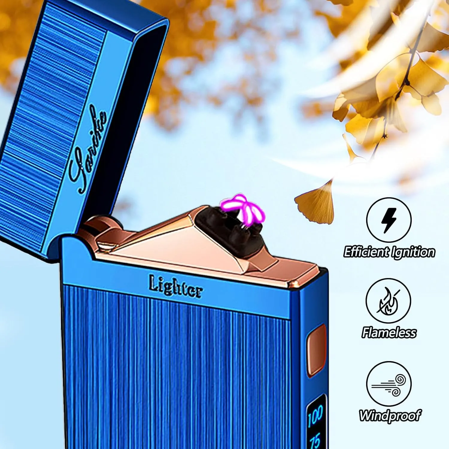 Electric Lighter - USB Rechargeable, Windproof, Plasma Arc, Luxury Fashion Cool Lighter with LED Indicator and Flashlight (Blue)