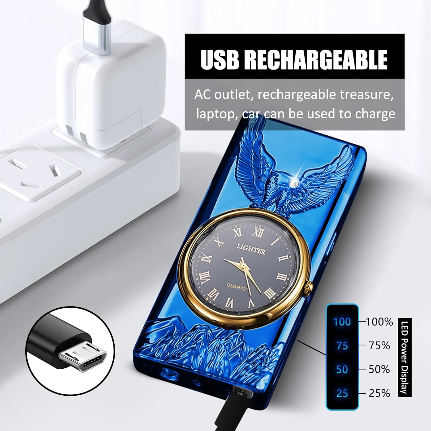Electric Lighter with Plasma Arc, Windproof USB Rechargeable Lighter with Cool Design, Clock Dial, Flashlight, Power Display for Outdoor Daily Use, Gift for Men Women (Eagle, Blue)