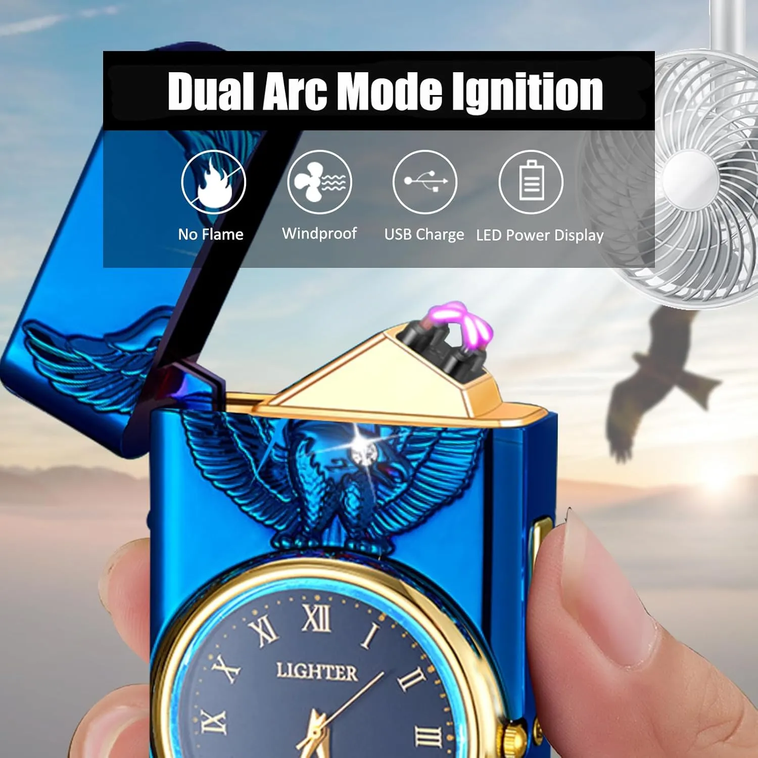 Electric Lighter with Plasma Arc, Windproof USB Rechargeable Lighter with Cool Design, Clock Dial, Flashlight, Power Display for Outdoor Daily Use, Gift for Men Women (Eagle, Blue)
