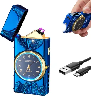 Electric Lighter with Plasma Arc, Windproof USB Rechargeable Lighter with Cool Design, Clock Dial, Flashlight, Power Display for Outdoor Daily Use, Gift for Men Women (Eagle, Blue)