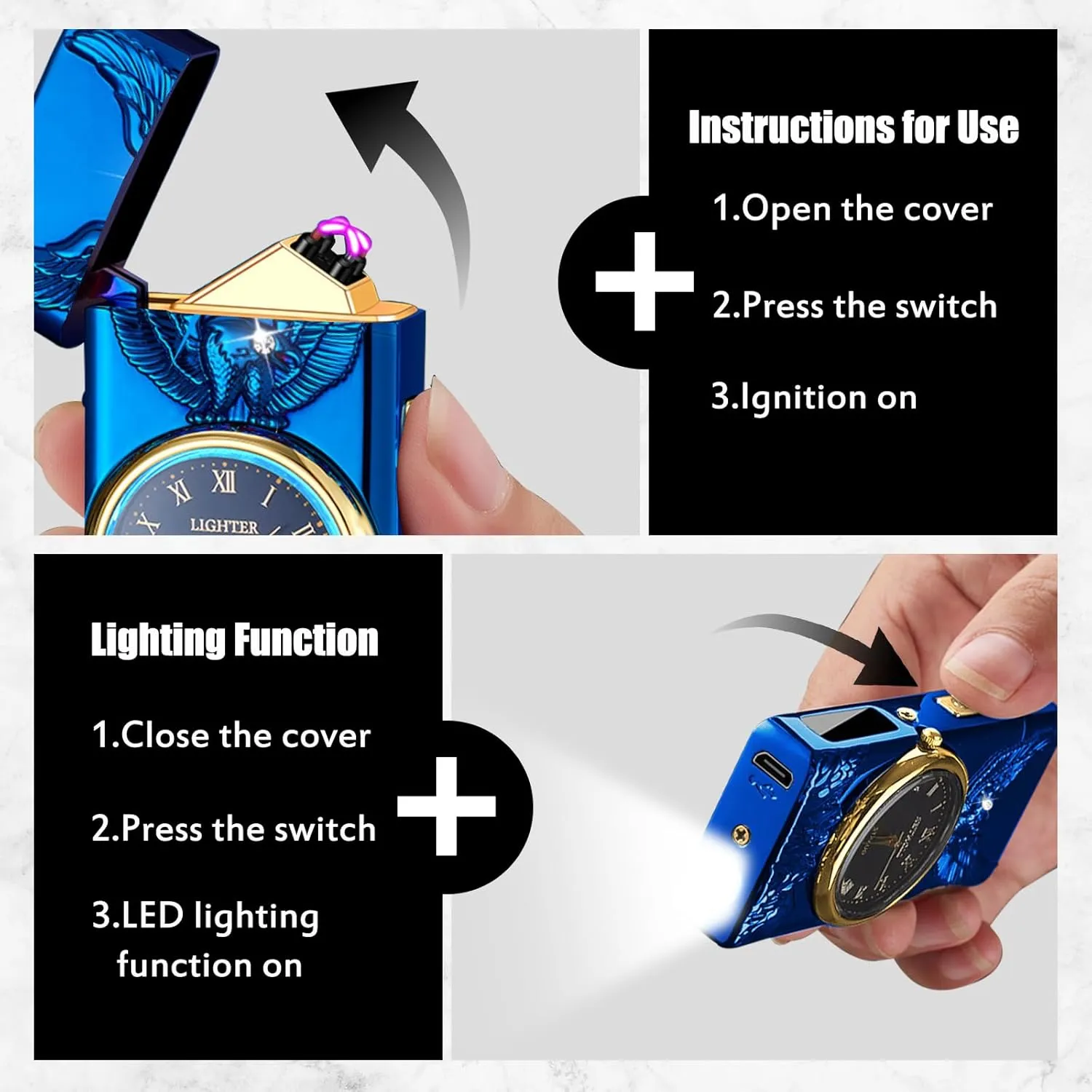 Electric Lighter with Plasma Arc, Windproof USB Rechargeable Lighter with Cool Design, Clock Dial, Flashlight, Power Display for Outdoor Daily Use, Gift for Men Women (Eagle, Blue)