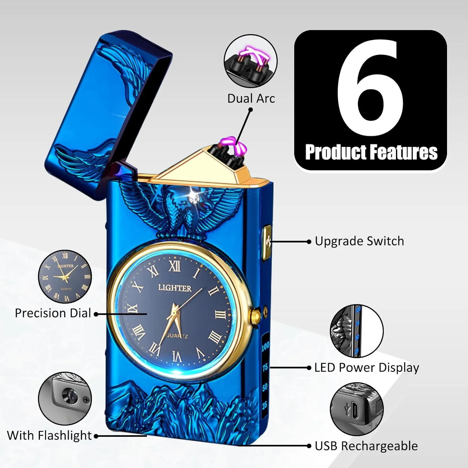 Electric Lighter with Plasma Arc, Windproof USB Rechargeable Lighter with Cool Design, Clock Dial, Flashlight, Power Display for Outdoor Daily Use, Gift for Men Women (Eagle, Blue)