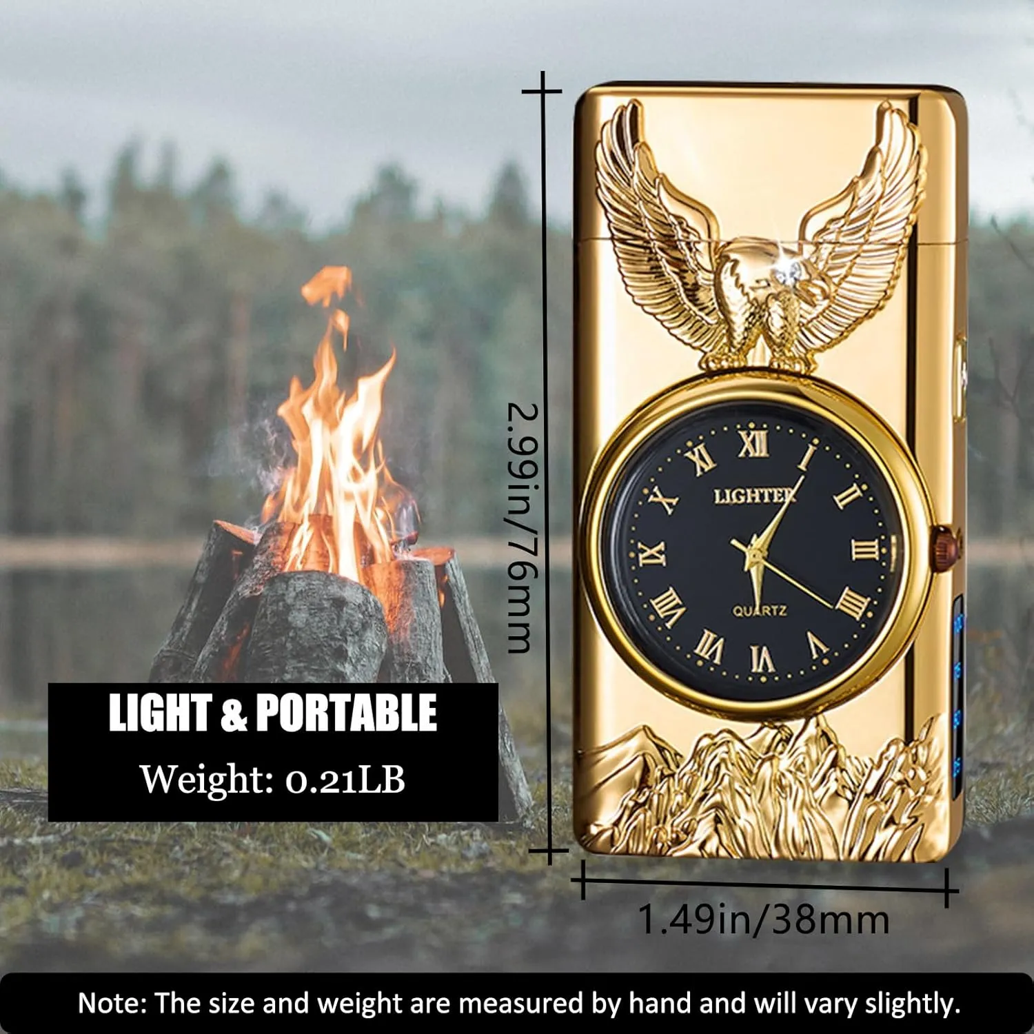 Electric Lighter with Plasma Arc, Windproof USB Rechargeable Lighter with Cool Design, Clock Dial, Flashlight, Power Display for Outdoor Daily Use, Gift for Men Women (Eagle, Gold)