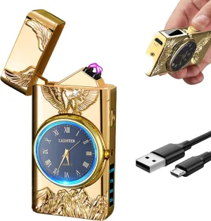 Electric Lighter with Plasma Arc, Windproof USB Rechargeable Lighter with Cool Design, Clock Dial, Flashlight, Power Display for Outdoor Daily Use, Gift for Men Women (Eagle, Gold)