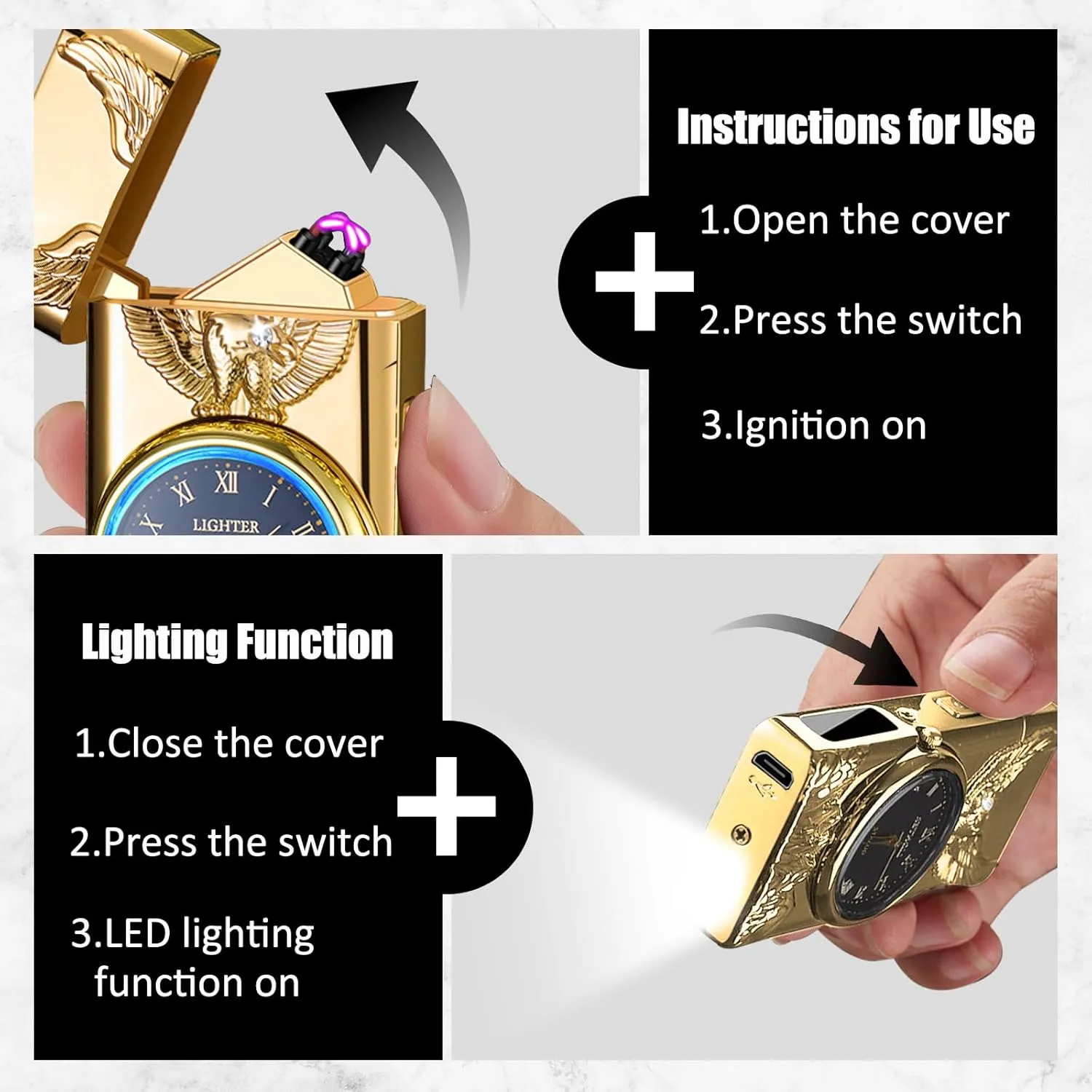 Electric Lighter with Plasma Arc, Windproof USB Rechargeable Lighter with Cool Design, Clock Dial, Flashlight, Power Display for Outdoor Daily Use, Gift for Men Women (Eagle, Gold)