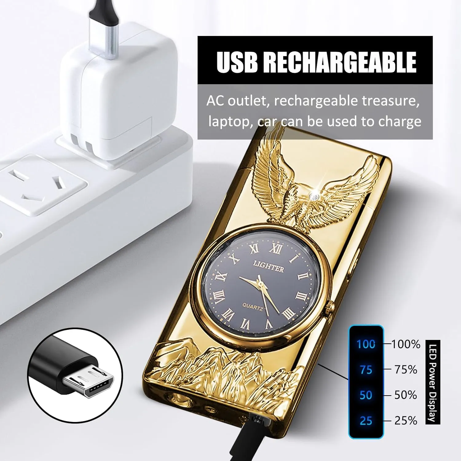 Electric Lighter with Plasma Arc, Windproof USB Rechargeable Lighter with Cool Design, Clock Dial, Flashlight, Power Display for Outdoor Daily Use, Gift for Men Women (Eagle, Gold)
